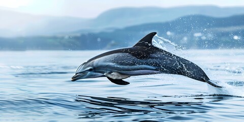 Fototapeta premium Dolphin leaping during whale watching tour in Tobermory Scotland. Concept Wildlife Photography, Marine Animals, Travel Adventures, Exciting Wildlife Encounters