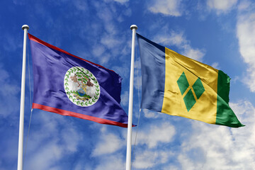 3d illustration. Belize and Saint Vincent and the Grenadines Flag waving in sky. High detailed...