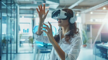 A woman wearing a VR headset is working