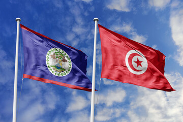 3d illustration. Belize and Tunisia Flag waving in sky. High detailed waving flag. 3D render....
