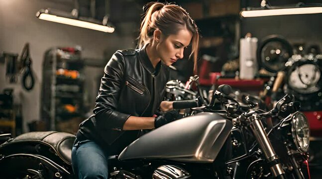 Zweiradmechatronikerin repariert ein Motorrad in der Werkstatt