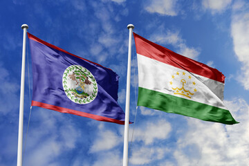 3d illustration. Belize and Tajikistan Flag waving in sky. High detailed waving flag. 3D render....