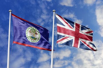 3d illustration. Belize and United Kingdom Flag waving in sky. High detailed waving flag. 3D...