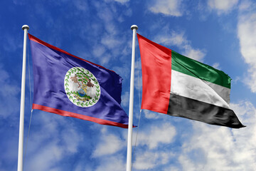 3d illustration. Belize and United Arab Emirates Flag waving in sky. High detailed waving flag. 3D...
