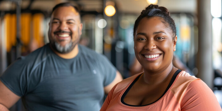 plus size smiling mixed race couple in a gym. chubby diverse man and woman in fitness club, looking at camera wearing sports clothes