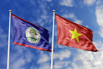 3d illustration. Belize and Vietnam Flag waving in sky. High detailed waving flag. 3D render....