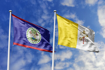 3d illustration. Belize and Vatican City (Holy See) Flag waving in sky. High detailed waving flag....