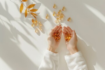 top view woman holding omega three capsules in her hands, top view plain background. food supplement concept, handful of omega 3