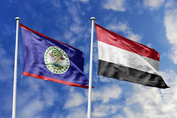 3d illustration. Belize and Yemen Flag waving in sky. High detailed waving flag. 3D render. Waving...
