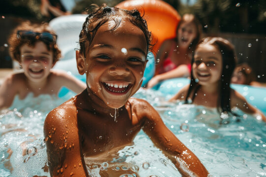 group of diverse children in swimming pool with inflatable ring circles, smiling kids wearing swimwear at outdoor summer pool party portrait
