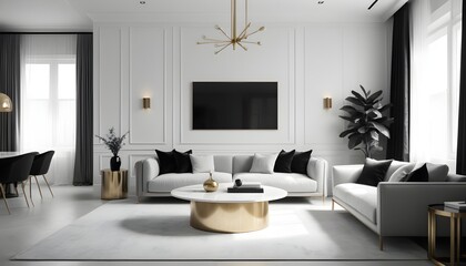white and gold theme interior modern minimalism photo realism