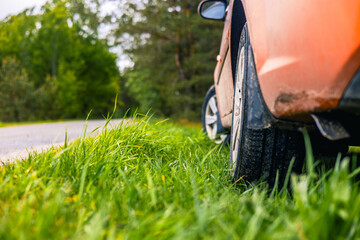 A beautiful orange car is parked on lush green grass at the edge of the asphalt road. View from...