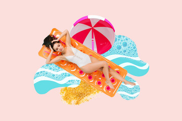 Composite photo collage of calm beautiful girl lie inflatable mattress umbrella sunbath resort vacation isolated on painted background