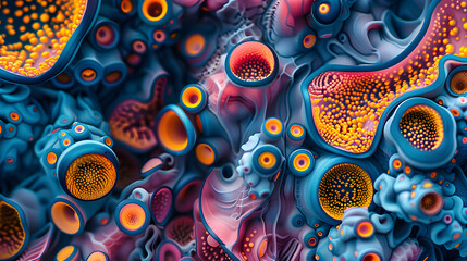 Naklejka premium A photo featuring bold colors and graphic patterns seen from above, creating a visually striking composition of abstract elements. Highlighting the vibrant hues and graphic designs, while surrounded b