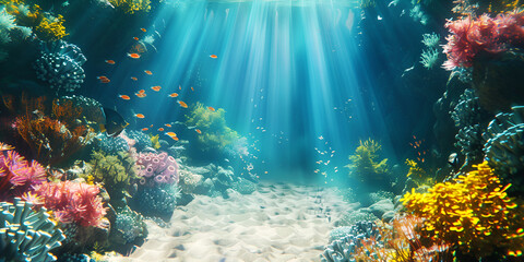 Underwater view of a coral reef with many tropical fish The water is crystal clear
