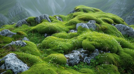 mossy rocky landscape, rough landscape with lush moss and rocky outcrops, highlighting the natural beauty of the terrain
