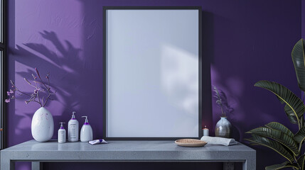 A luxury spa reception with a blank frame mockup on a grey table, deep purple walls enhancing the tranquil atmosphere.