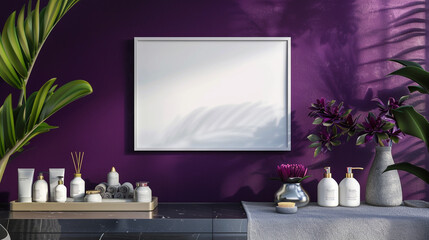 A luxury spa reception with a blank frame mockup on a grey table, deep purple walls enhancing the tranquil atmosphere.