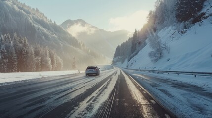Car travels on a snowy mountain road, surrounded by frost-covered trees and a misty alpine backdrop.