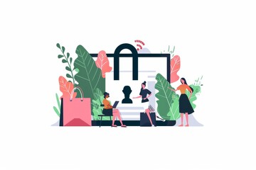 Fototapeta premium Family oriented e commerce security with advanced digital protection, featuring encrypted data and secure transactions in a green pink vector illustration for safe online shopping