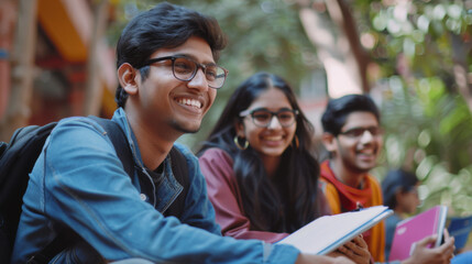Indian ethnic students enjoying a moment of laughter and fun in a college campus