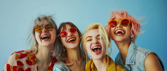 A quartet of friends radiate joy, sporting vibrant hair and eclectic sunglasses.