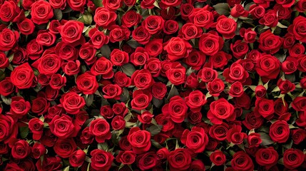 A beautiful wall of red roses. Floral background for romantic themes. Perfect for Valentine's Day designs and love-themed projects. High-resolution and vibrant colors. AI