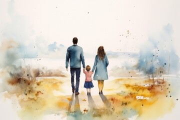 Water colour style painting of a small family walking in the outdoor
