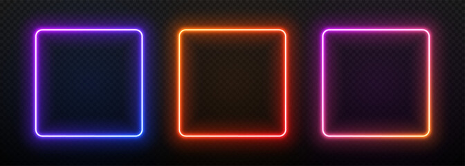 Neon light square frame. Box with led glow. Laser gradient border. Geometric fluorescent outline. Banner template with text.
