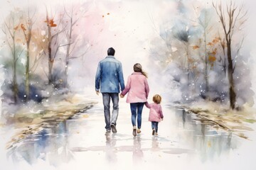 Water colour style painting of a small family walking in the outdoor