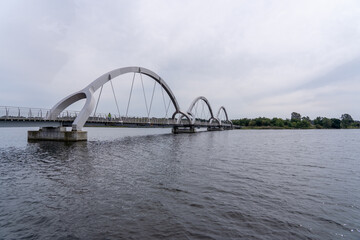 Steel rail bridge crossing waterway, Sweden, Soelvesborg