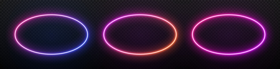 Neon oval frame. Circle laser light. Ellipse with led glow. Electrical gradient border for design with text.