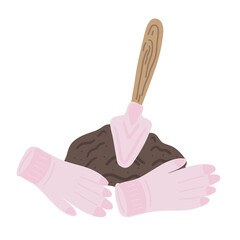 Ground and shovel flat design with gloves gardening set