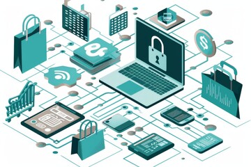Fototapeta premium Network themed e commerce illustration with a locked laptop representing secure online shopping and digital security