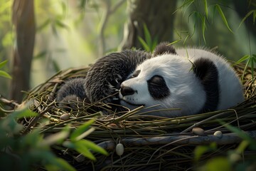 a panda is sleeping in the nest