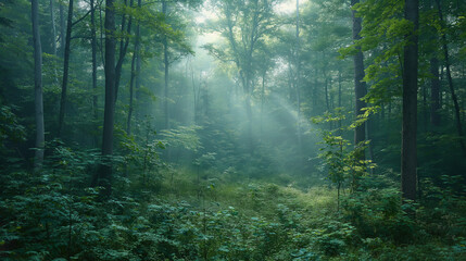 Obraz premium Misty morning in a dense forest.