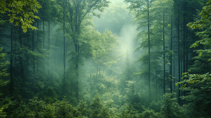 Misty morning in a dense forest.
