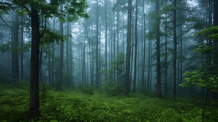 Obraz premium Misty morning in a dense forest.