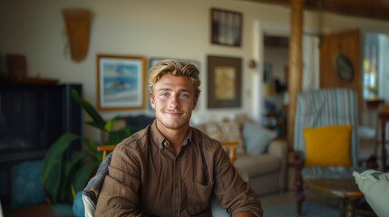Handsome man with fine hair smile and sitting in chair
