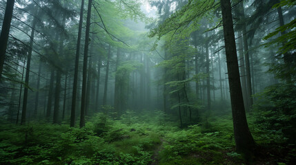 Misty morning in a dense forest.