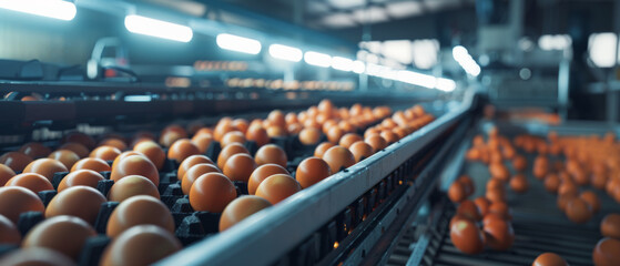 Rows of fresh eggs on a conveyor belt in an industrial setting, under cold blue lights.