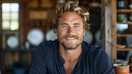 Fototapeta premium Handsome man with fine hair smile and sitting in chair