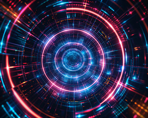 Obraz premium A futuristic abstract design with neon lines forming concentric circles and intersecting grid patterns, set against a dark background, creating a high-tech and vibrant lookHighly detailed photography