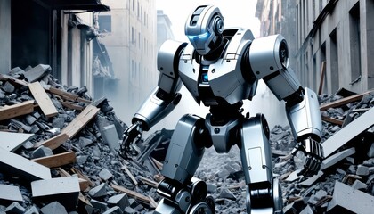 A sleek, advanced robot navigating through an urban landscape of rubble and destruction. The high-tech robot stands in stark contrast to the devastated environment, symbolizing resilience and future.