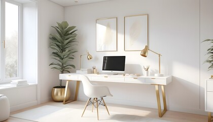 white and gold theme interior modern minimalism photo realism