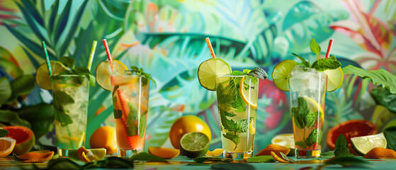 A lively mojito bar with various flavors of mojitos, each served in highball glasses with muddled mint, lime wedges, and colorful straws, set against a vibrant Cuban-themed backdropClose-up