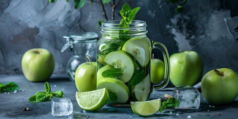 A blue mojito jar with lemon, green apple and mint on shiny background 

