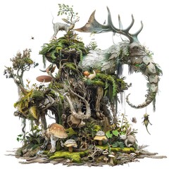 Fototapeta premium Surreal forest illustration with whimsical creatures, moss-covered trees, mushrooms, and mystical elements in a fantasy setting.