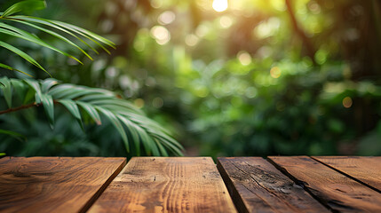 An empty table on the background of a rainforest