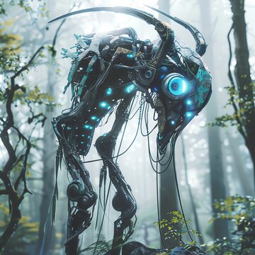 Futuristic robot with glowing blue lights in a misty forest, blending technology with nature for a sci-fi feel.